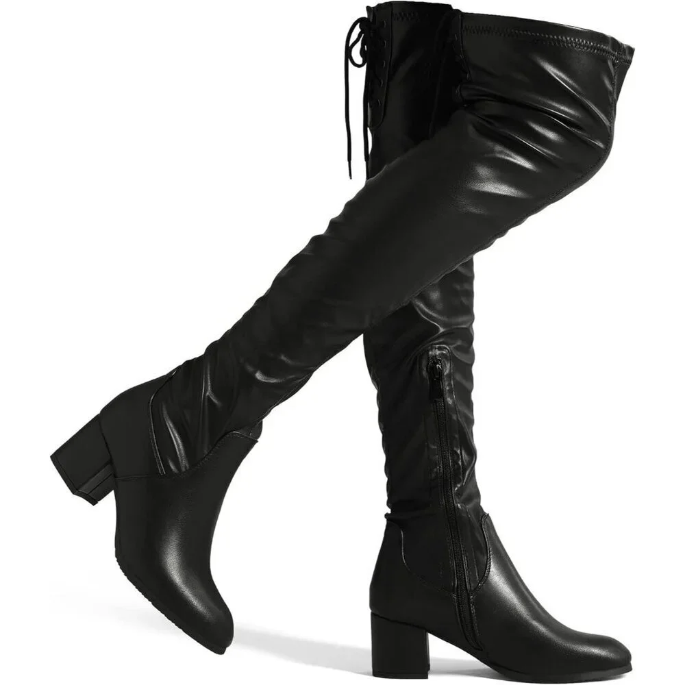 Women Black/Pu Faux Leather Over The Knee Chunky Heel Long Stretch Boots